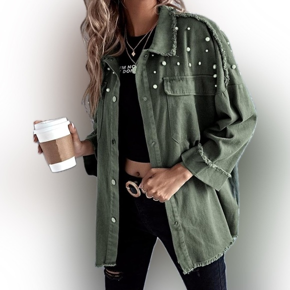 NWOT - La La Factory | army green | raw edges | accent faux pearls | Size Small - Picture 7 of 7